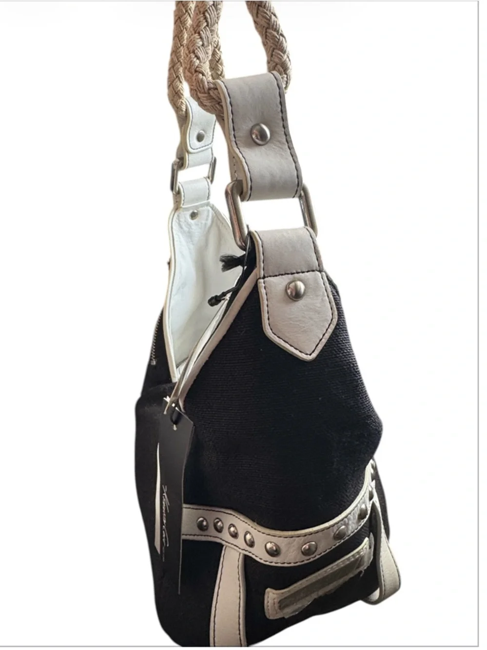 Kenneth Cole Rare Vintage Y2K Linen & Leather Jump Rope Studded Hobo Bag NWT NOS